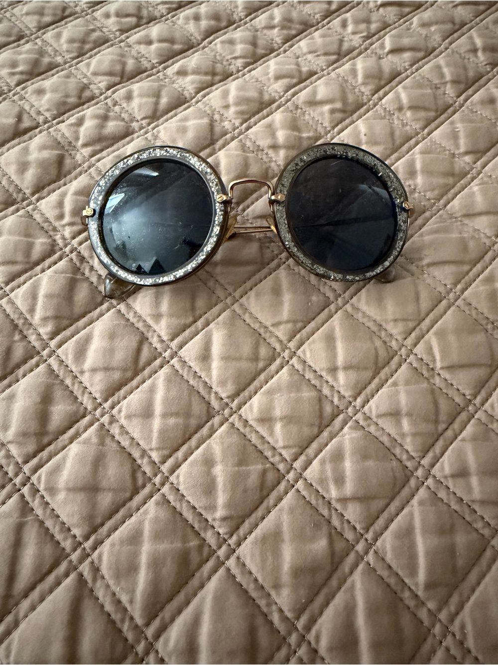 Miu Miu Round Black Lens Sunglasses with Gold Frame and Crystal Trim